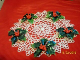 Vintage Plastic 8 " Table Doily With Holly Berries & Leaves