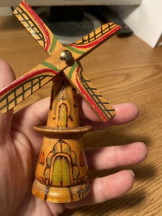 Vintage Dutch Souvenir Tilburg Netherlands Wooden Windmill Hand Painted