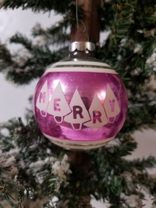 Vintage Pink Glass “merry Christmas” Tree Ornament 2 3/4 " Made In Usa