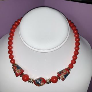 Vintage 80’s Asian Japanese Beaded Choker Necklace Red Blue Roses White Daisy