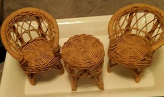 Vintage Wicker 2 Chairs 1 Table Doll Furniture,  Barbie Size Made In Hong Kong