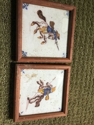 Vintage Tile Art Wood Framed Pair Horse Hand Painted Western Theme Cowboy