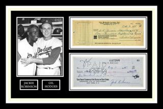 Jackie Robinson & Gil Hodges Signed Bank Checks Photo Display Brooklyn Dodgers