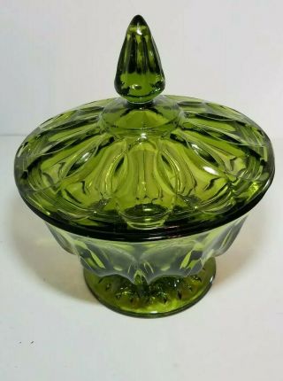 Vintage Indiana Depression Glass Footed Candy Dish & Lid Avocado Green Flawless