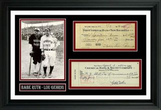 Babe Ruth & Lou Gehrig Signed Bank Checks & 11x17 Photo Display You Frame It