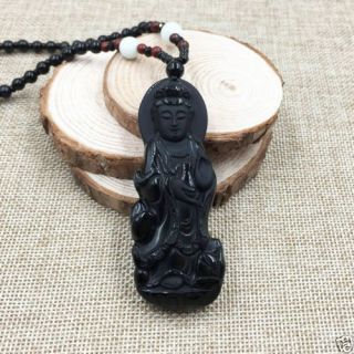 China Grade A Natural Vintage Hand - Carved Obsidian Kwan - Yin Jade Pendant