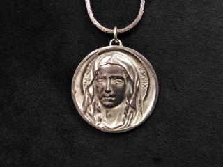 Vintage Sterling Silver Virgin Mother Mary Pendant And Necklace