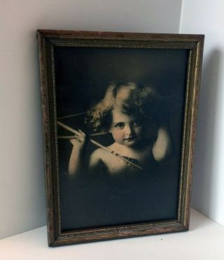 Vintage Cupid Awake Baby Print In Wooden Frame Wall Decor 8 " X 5.  5 " Sepia Print