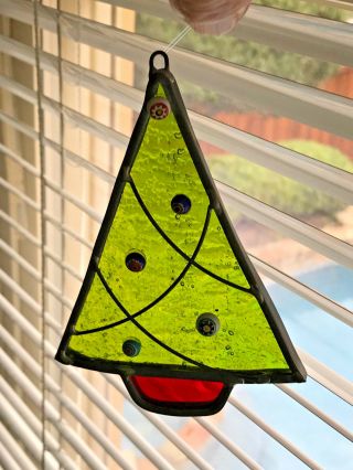 Unique Vintage Leaded Stained Glass Christmas Tree Sun Catcher Ornament