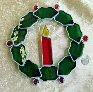 Vintage Stained Glass Holly Wreath With Candle Center Suncatcher