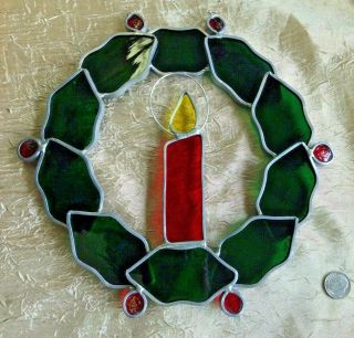 Vintage Stained Glass Holly Wreath With Candle Center Suncatcher 2