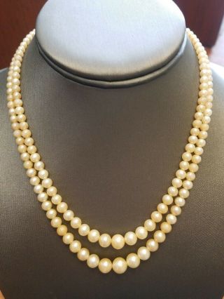 Signed Crown Trifari Vintage Faux Pearl 2 Strand Necklace W/rhinestone Clasp