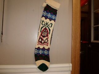 Vintage Knit Acrylic Christmas Stocking Pom Pom Bell With Bow 24 " Long