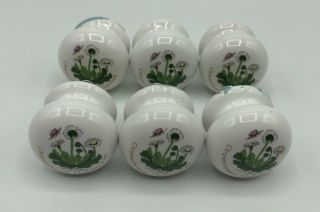 6 Vintage White Ceramic Cupboard Knobs Handles Drawer Pulls Chrysanthemum Flower