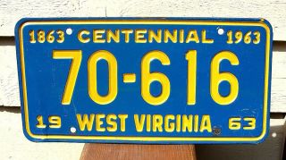 Vintage 1963 West Virginia Centennial License Plate (3,  Pl8s) 70 - 616