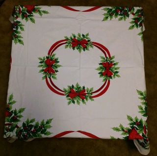 Vintage Holly Leaves And Berries Red Horn White Flowers Cotton Tablecloth 50x45