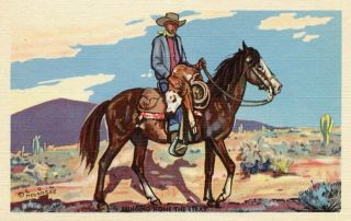 Vintage Postcard Old West Western Cowboy Bringing Home The Stray Megargee Artist