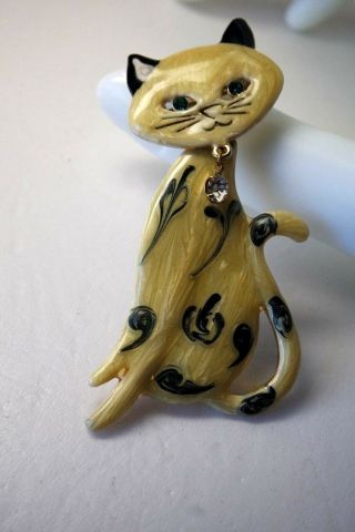 Vintage Gold Tone Enamel Articulated Cat Pin Brooch,  Green Glass Eyes