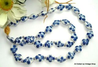 Vintage 24 " X 5/8 " Blue White Floral Porcelain Beaded Necklace Knotted Pottery