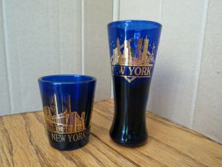 York City Skyline Shot Glasses Twin Towers Cobalt Blue Gold Trim Set Of 2