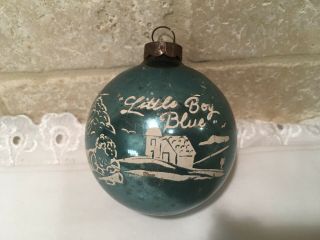 Vintage Blue Green Round Christmas Glass Ornament “little Boy Blue” Stencil