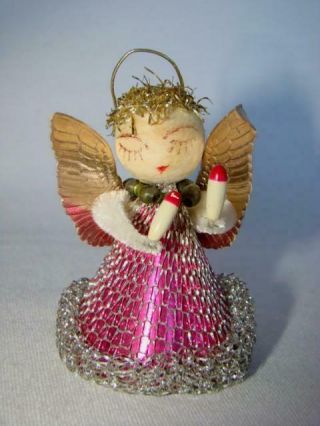 Vintage 1940s Chenille Spun Cotton Pink Angel,  Mesh Dress,  Christmas Ornament 1