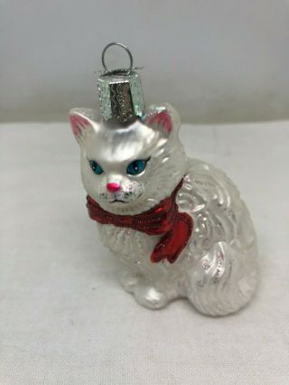 Vintage Christmas 3 3/4 " White Cat Blown Glass Christmas Ornament Glitter