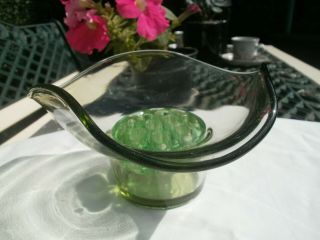 Vintage Sowerby Art Deco Green Glass Tricorn Vase,  Flower Frog/block Vgc