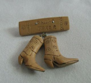 Fun Vtg Ooak Souvenir Of Dallas Texas Brooch Pin Hand Carved Dangle Cowboy Boots