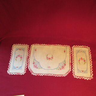 Set Of 3 Vintage Embroidered Doilies With Crochet Edge