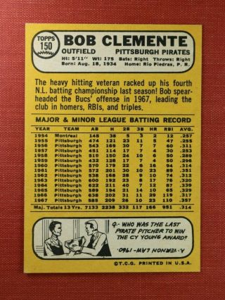 ∎ 1968 TOPPS baseball card ROBERTO CLEMENTE 150 SHARP CARD 2