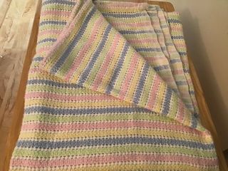 Vintage Baby Blanket Pastel Plaid Woven Cotton Open Weave Blue Pink Yellow 49x34