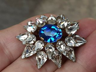 Stunning Vintage Art Deco Jewellery Sapphire & Crystal Cluster Gold Brooch Pin