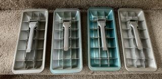 4 Vintage 18 Ice Cube Trays Aluminum 3 Silver 1 Blue Color Pull - Up Cube Remover