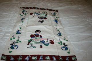 Vintage Linen Tea Towel Lady In Apron Baking Making Berry Pie Kitchen Cook