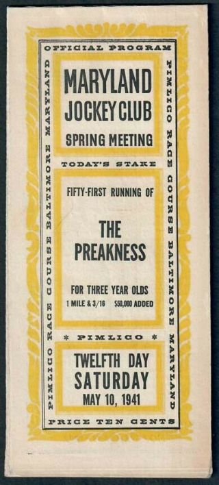 Whirlaway In 1941 Preakness Stakes Horse Racing Program Triple Crown Winner