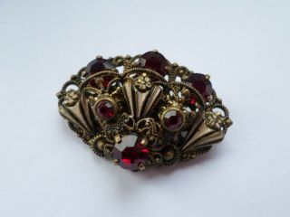 Vintage Circa Early 20th Century Red Glass Fan Shaped Brooch