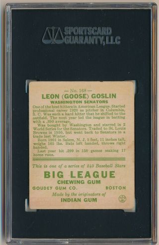 GOOSE GOSLIN 1933 Goudey Gum 168 SGC 40 3 VG WASHINGTON SENATORS HOF Prewar 2