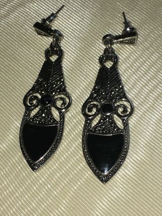 Vintage Silver Tone Rhinestone Black Enamel Dangling Pierced Earrings