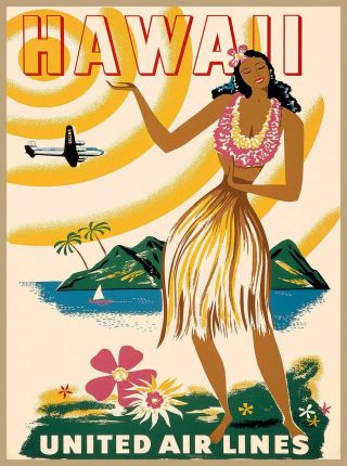 Hawaii Hula Girl Hawaiian Vintage United States Travel Advertisement Art Poster