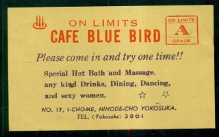 1947 Yokosuka,  Japan " Cafe Blue Bird " Hot Bath,  Massage,  Sexy Women Ad/map Card