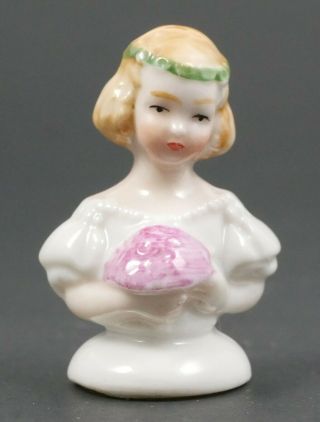 Vintage Miniature German Porcelain Half Doll Pin Cushion Top Girl W/ Flowers