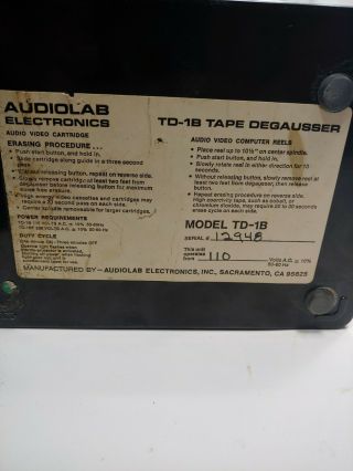 Audiolab Electronics Tape Eraser Degausser Model TD - 1B 3