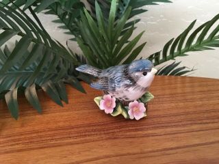 Rare Vintage Blue Bird Sitting On Flowers Porcelain Figurine