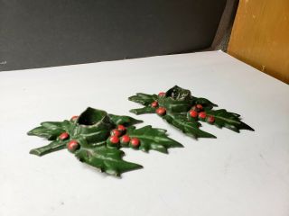 Vintage Set Cast Iron Christmas Holly Candle Holders