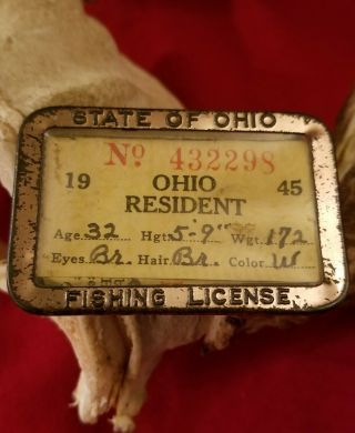 Vntage Ohio Resident Fishing License Badge Holder Vintage Hunting Duck Deer Fish