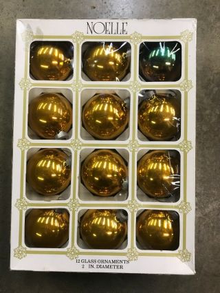 Box Of 12 Vintage Noelle Glass Christmas Ornaments 2 5/8” Diameter Gold