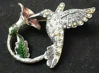 Hummingbird Pin - Vintage With Rhinestones And Colorful Enameling - Art Deco
