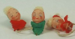 Vintage Plastic Elf Heads With Santa Hats Christmas Ornaments