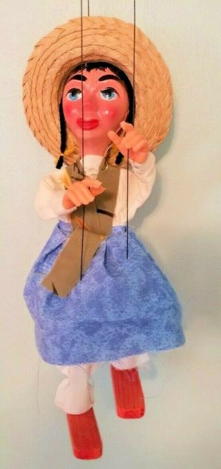 Vintage Marionette String Puppet Mexican Peasant Girl With Braids,  Straw Hat